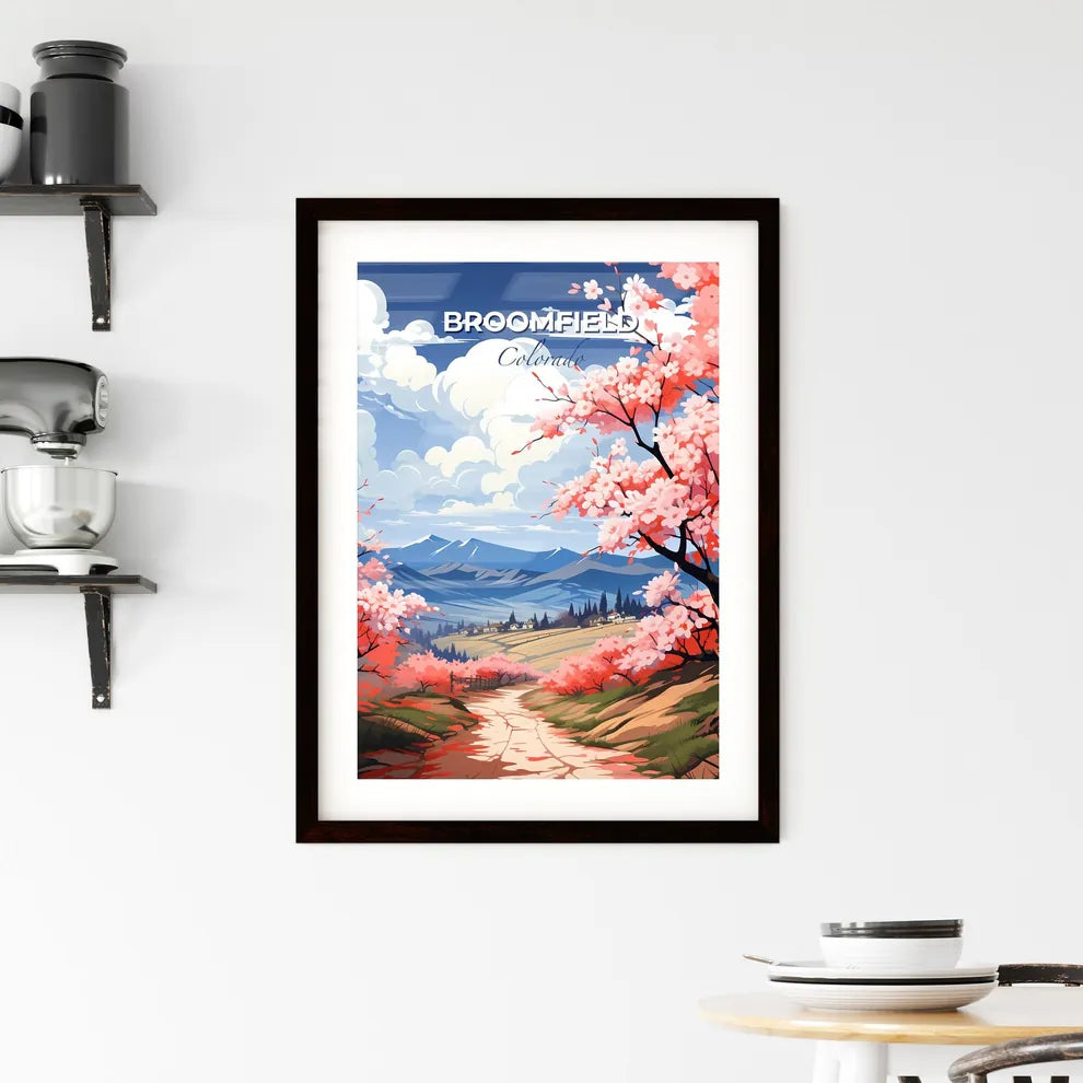 Broomfield, Colorado, A Poster of a landscape with pink flowers and mountains Default Title