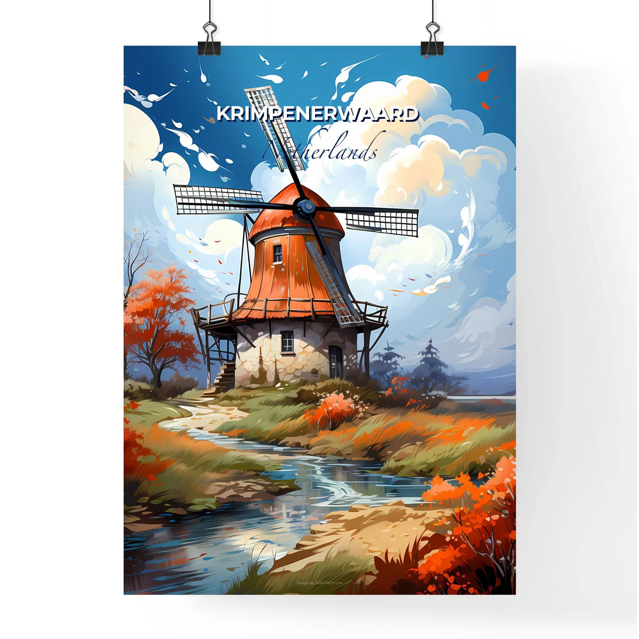 Krimpenerwaard, Netherlands, A Poster of a windmill on a river Default Title