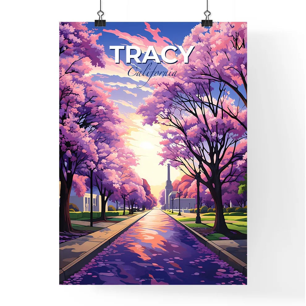 Tracy, California, A Poster of a road with pink trees and a monument Default Title