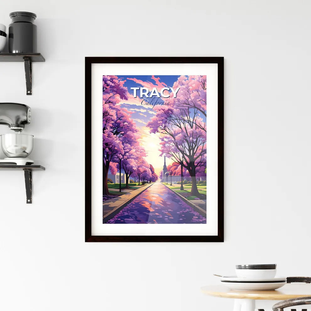 Tracy, California, A Poster of a road with pink trees and a monument Default Title