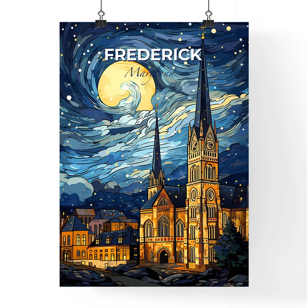Frederick, Maryland, A Poster of a church with a tower and a moon in the sky Default Title