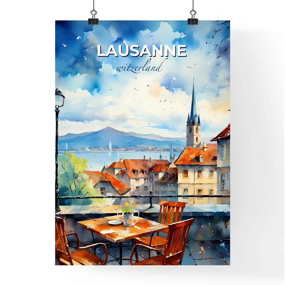 Lausanne, witzerland, A Poster of a watercolor painting of a city with a table and chairs Default Title