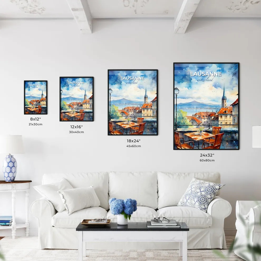 Lausanne, witzerland, A Poster of a watercolor painting of a city with a table and chairs Default Title