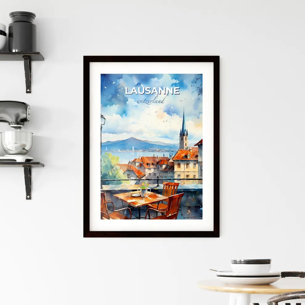 Lausanne, witzerland, A Poster of a watercolor painting of a city with a table and chairs Default Title