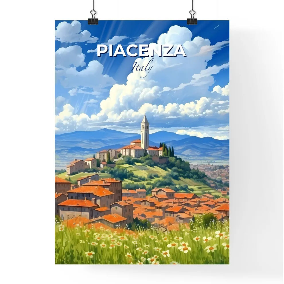 Piacenza, Italy, A Poster of a landscape of a town with a tower on a hill Default Title