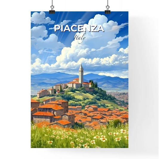 Piacenza, Italy, A Poster of a landscape of a town with a tower on a hill Default Title