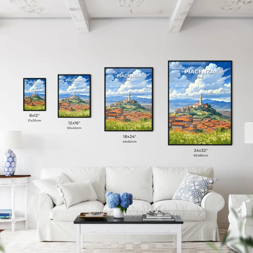 Piacenza, Italy, A Poster of a landscape of a town with a tower on a hill Default Title