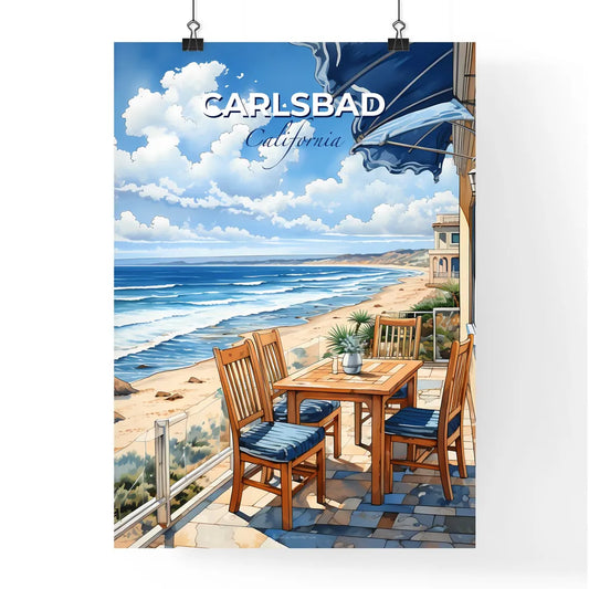 Carlsbad, California, A Poster of a table and chairs on a patio overlooking a beach Default Title