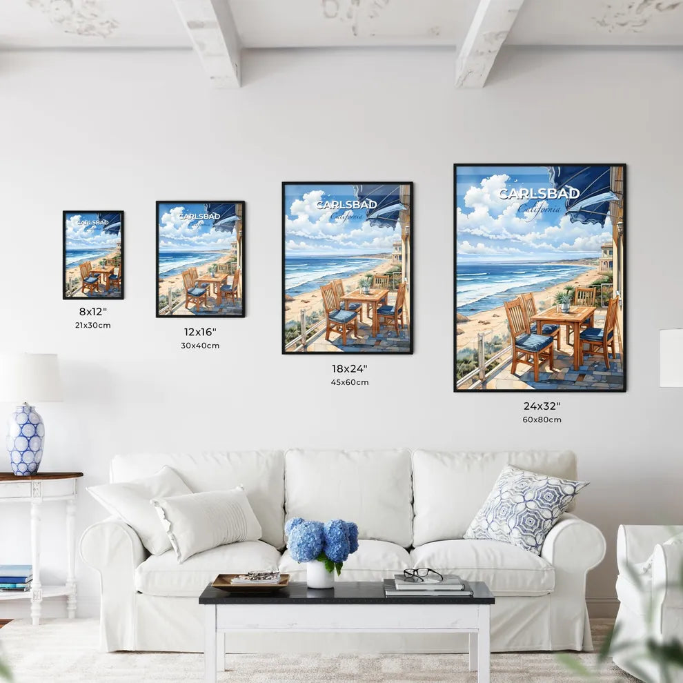 Carlsbad, California, A Poster of a table and chairs on a patio overlooking a beach Default Title