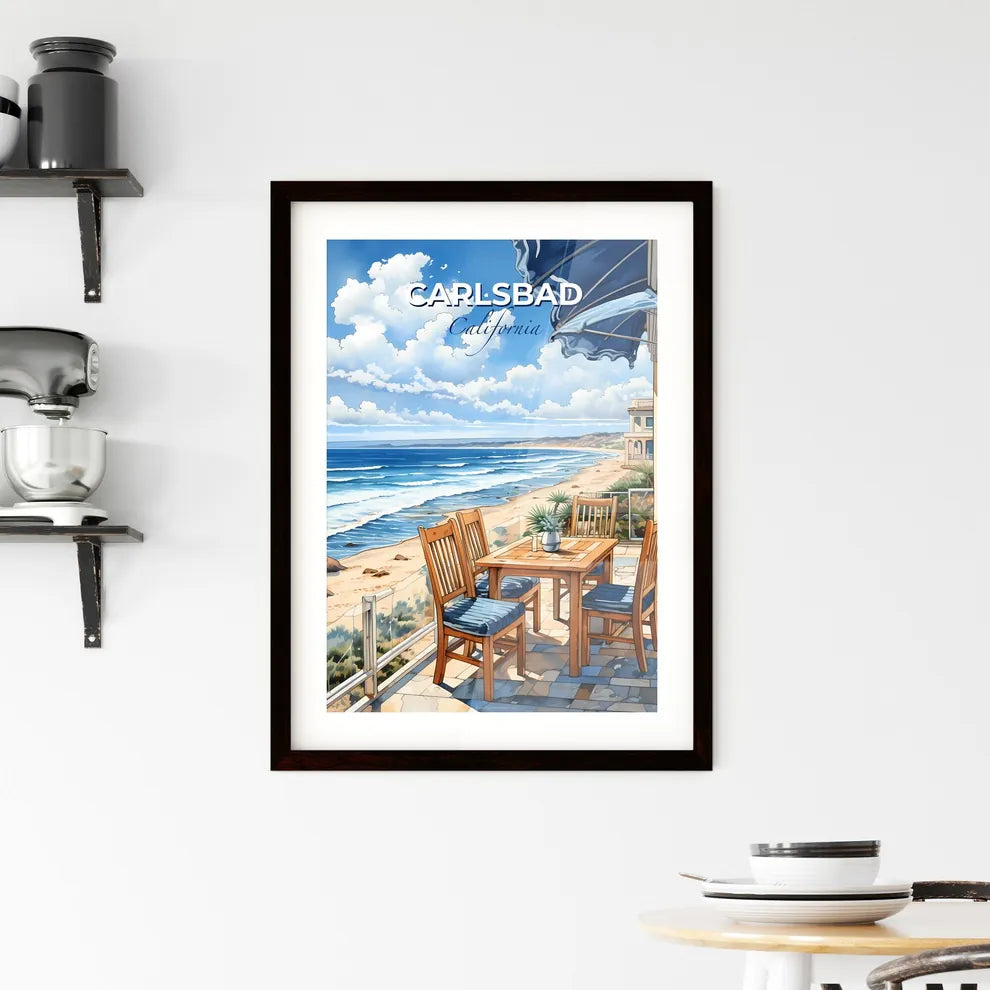 Carlsbad, California, A Poster of a table and chairs on a patio overlooking a beach Default Title