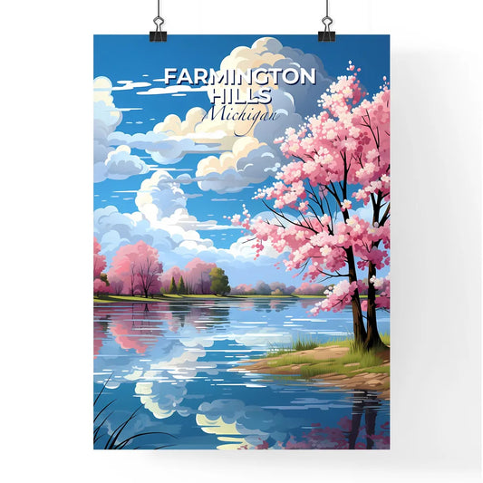 Farmington Hills, Michigan, A Poster of a tree with pink flowers on a shore of a lake Default Title