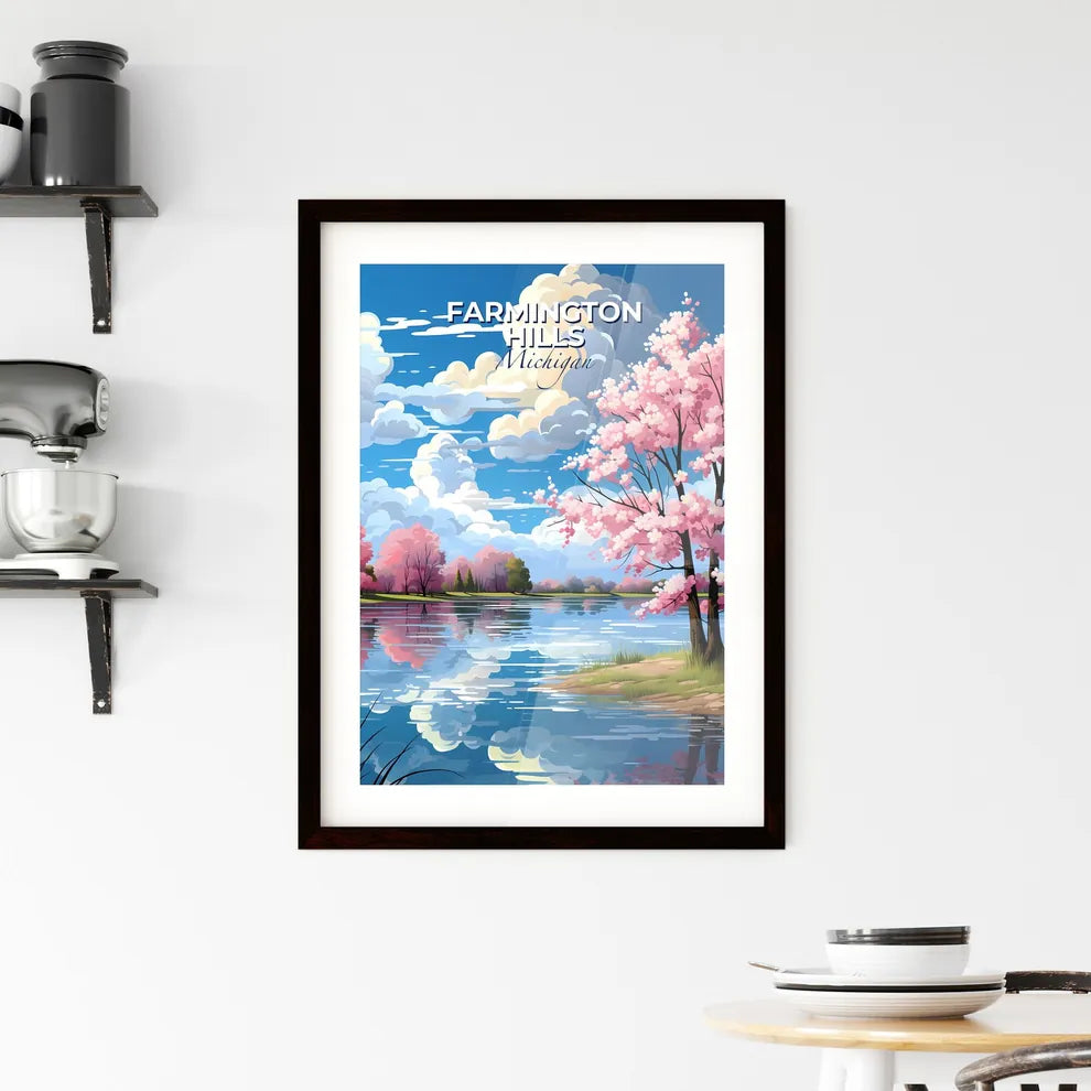 Farmington Hills, Michigan, A Poster of a tree with pink flowers on a shore of a lake Default Title