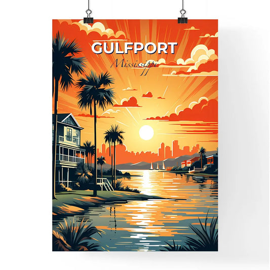 Gulfport, Mississippi, A Poster of a sunset over a body of water with a house and palm trees Default Title