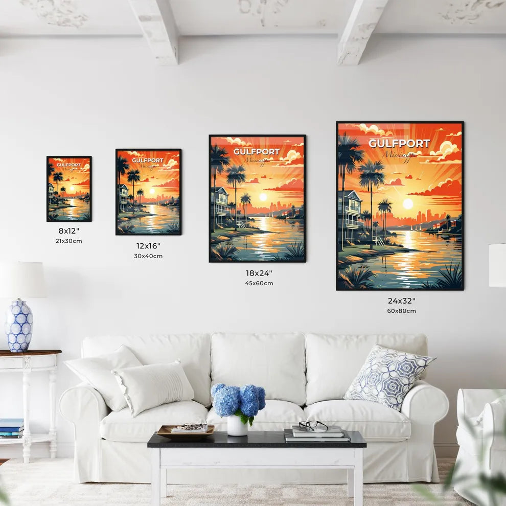 Gulfport, Mississippi, A Poster of a sunset over a body of water with a house and palm trees Default Title