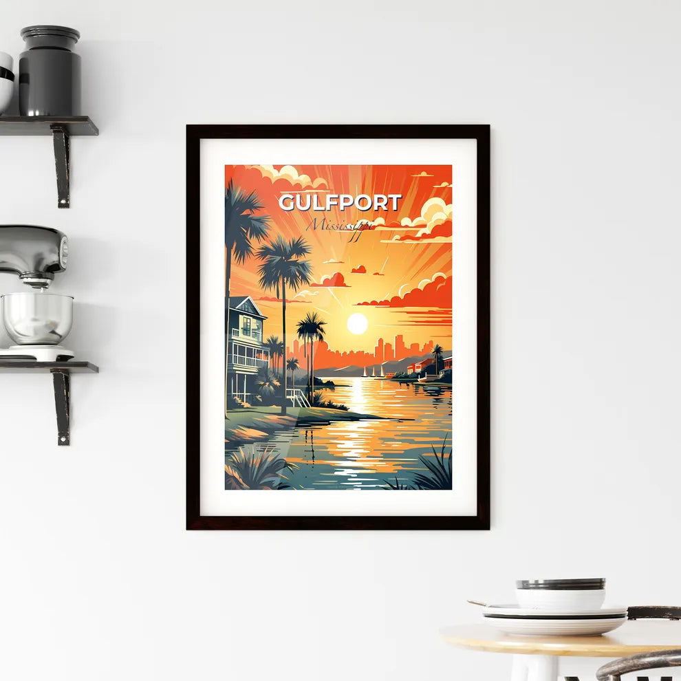 Gulfport, Mississippi, A Poster of a sunset over a body of water with a house and palm trees Default Title
