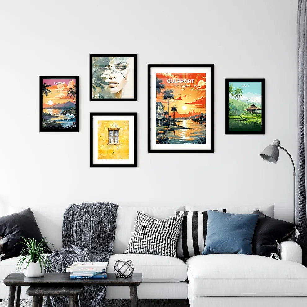 Gulfport, Mississippi, A Poster of a sunset over a body of water with a house and palm trees Default Title