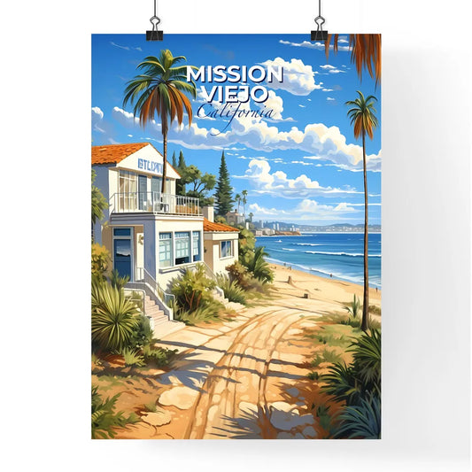 Mission Viejo, California, A Poster of a beach with palm trees and a building Default Title