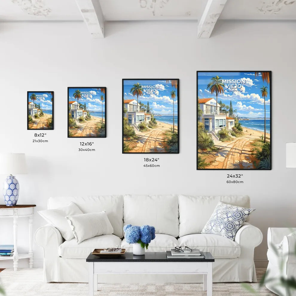 Mission Viejo, California, A Poster of a beach with palm trees and a building Default Title