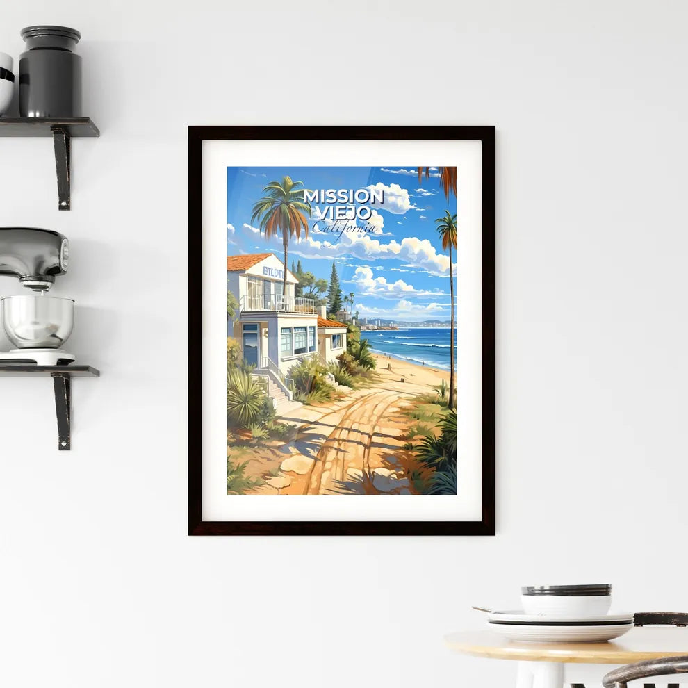Mission Viejo, California, A Poster of a beach with palm trees and a building Default Title