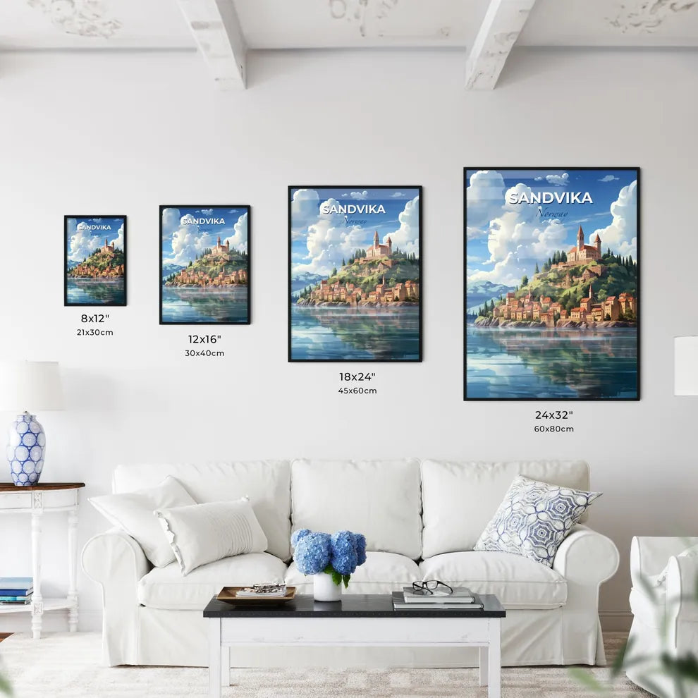 Sandvika, Norway, A Poster of a town on a hill with trees and mountains in the background Default Title