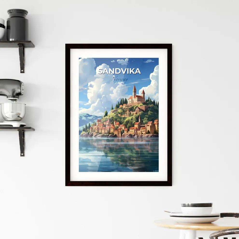 Sandvika, Norway, A Poster of a town on a hill with trees and mountains in the background Default Title