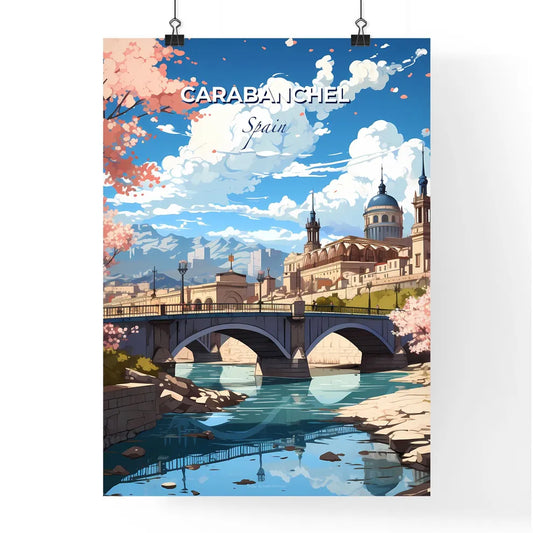 Carabanchel, Spain, A Poster of a bridge over a river with a castle and trees Default Title