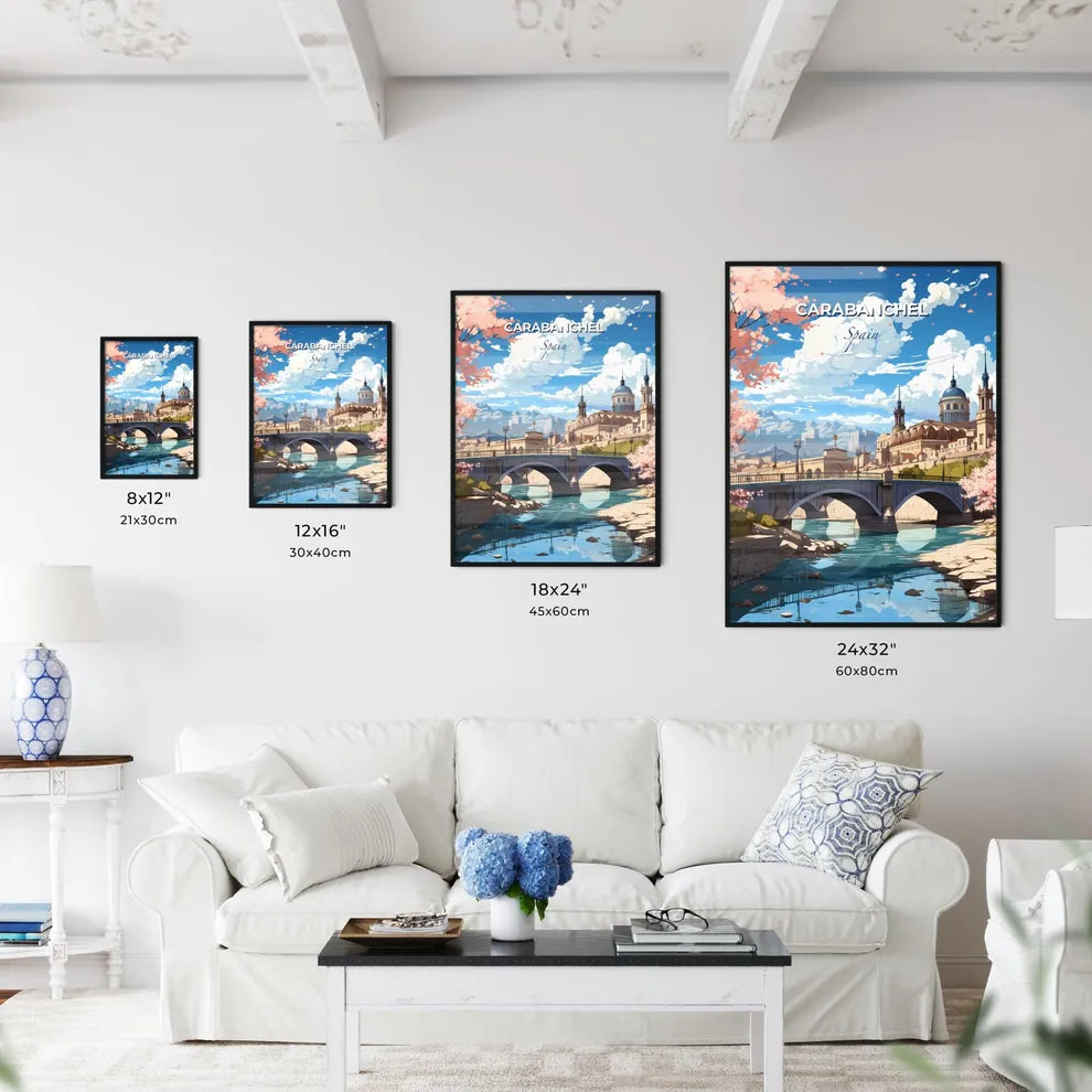 Carabanchel, Spain, A Poster of a bridge over a river with a castle and trees Default Title