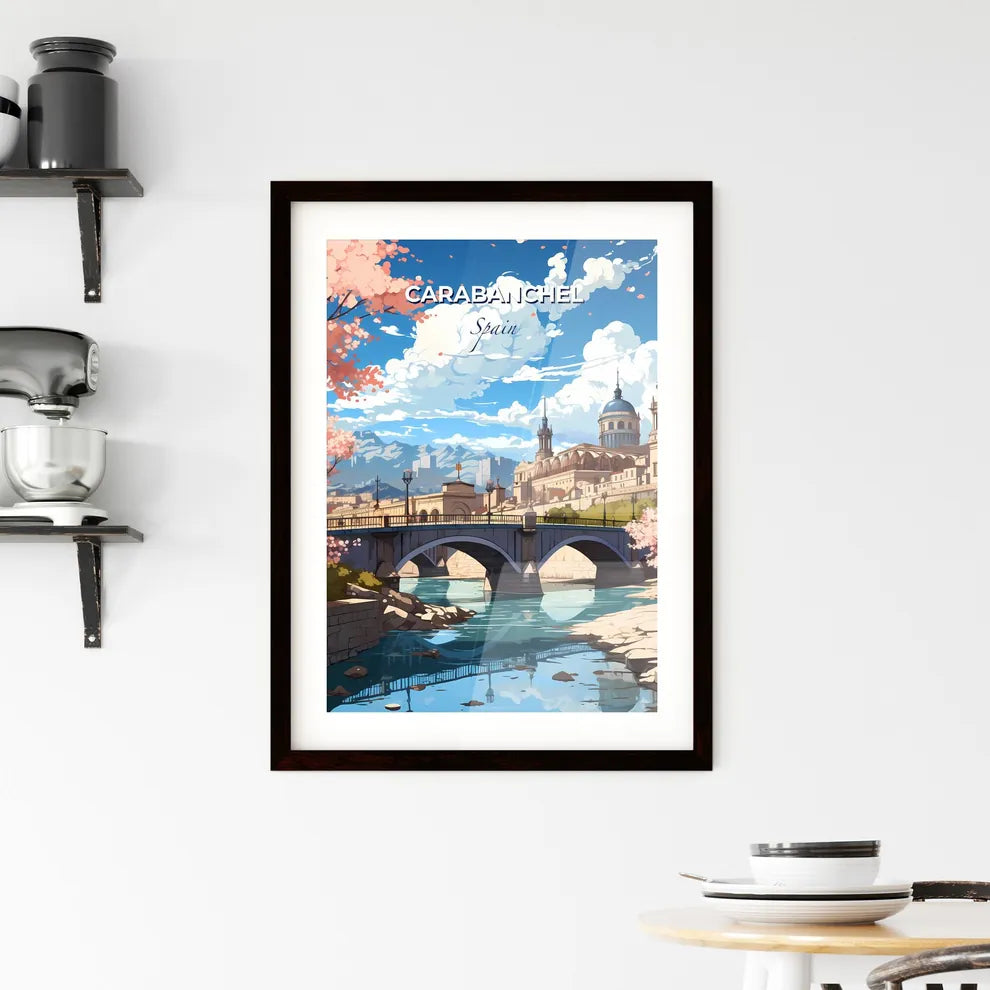 Carabanchel, Spain, A Poster of a bridge over a river with a castle and trees Default Title