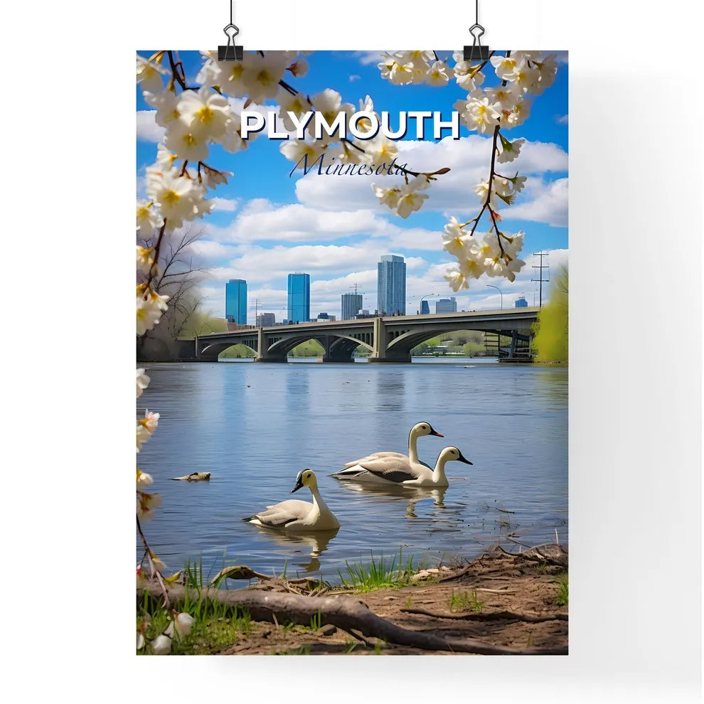 Plymouth, Minnesota, A Poster of a group of ducks swimming in a lake with a bridge in the background Default Title