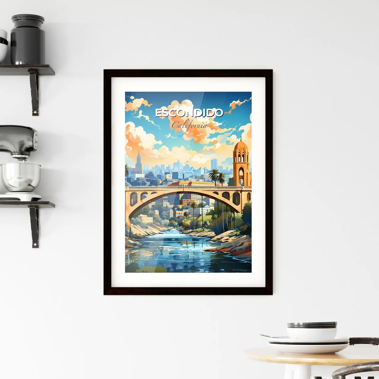 Escondido, California, A Poster of a bridge over a river with trees and a city in the background Default Title