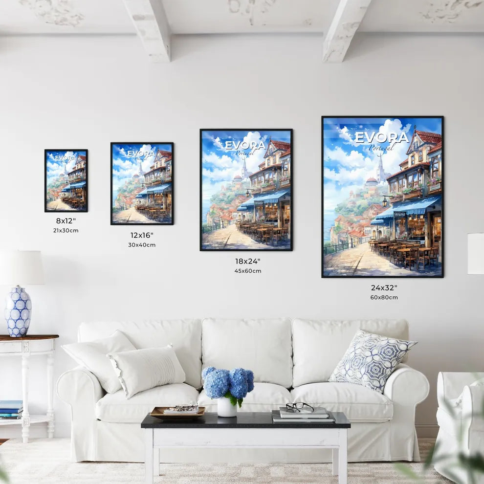 Evora, Portugal, A Poster of a street with tables and chairs on a hill with buildings and a church Default Title