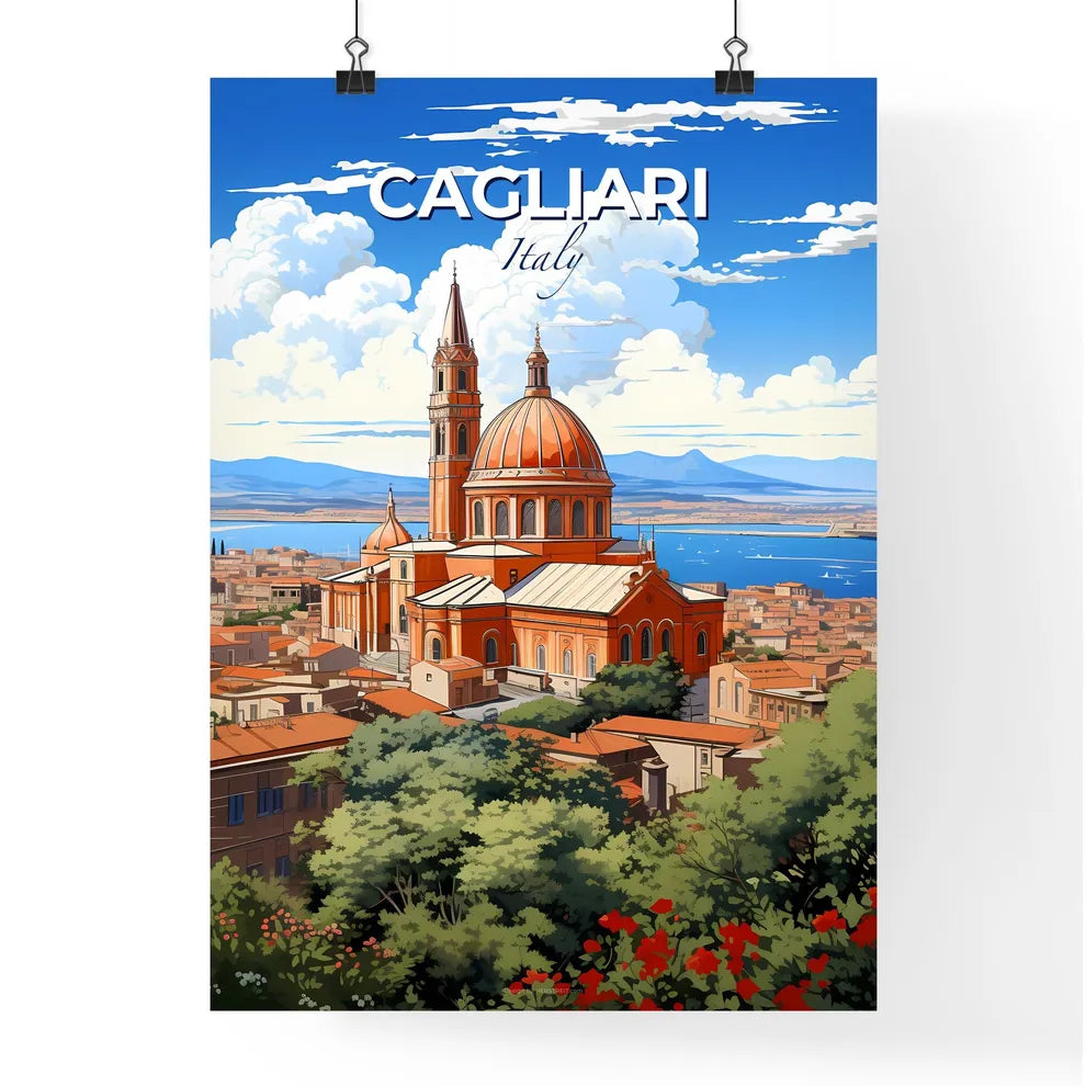 Cagliari, Italy, A Poster of a large building with towers and a body of water in the background Default Title