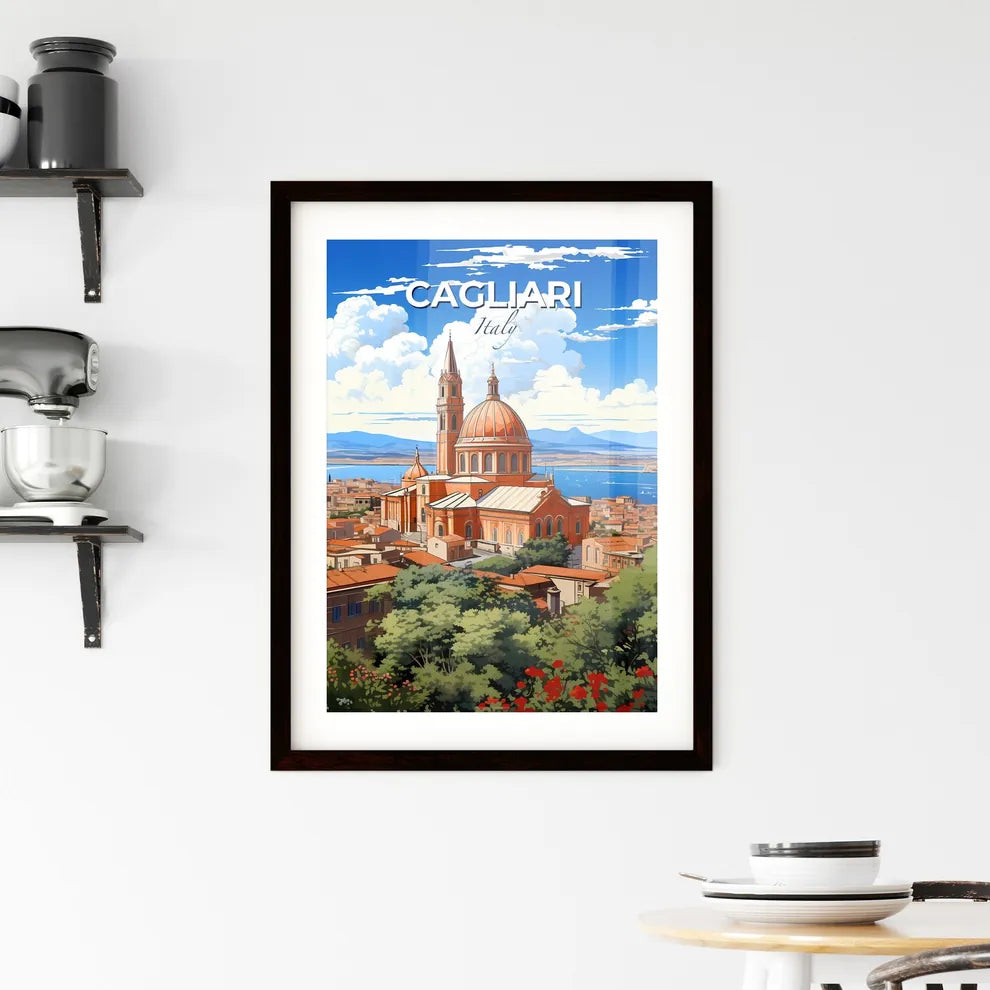 Cagliari, Italy, A Poster of a large building with towers and a body of water in the background Default Title