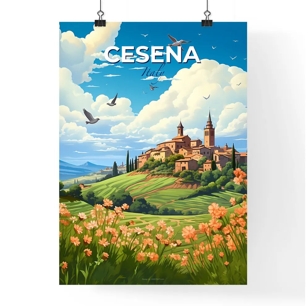 Cesena, Italy, A Poster of a landscape with a town and flowers Default Title