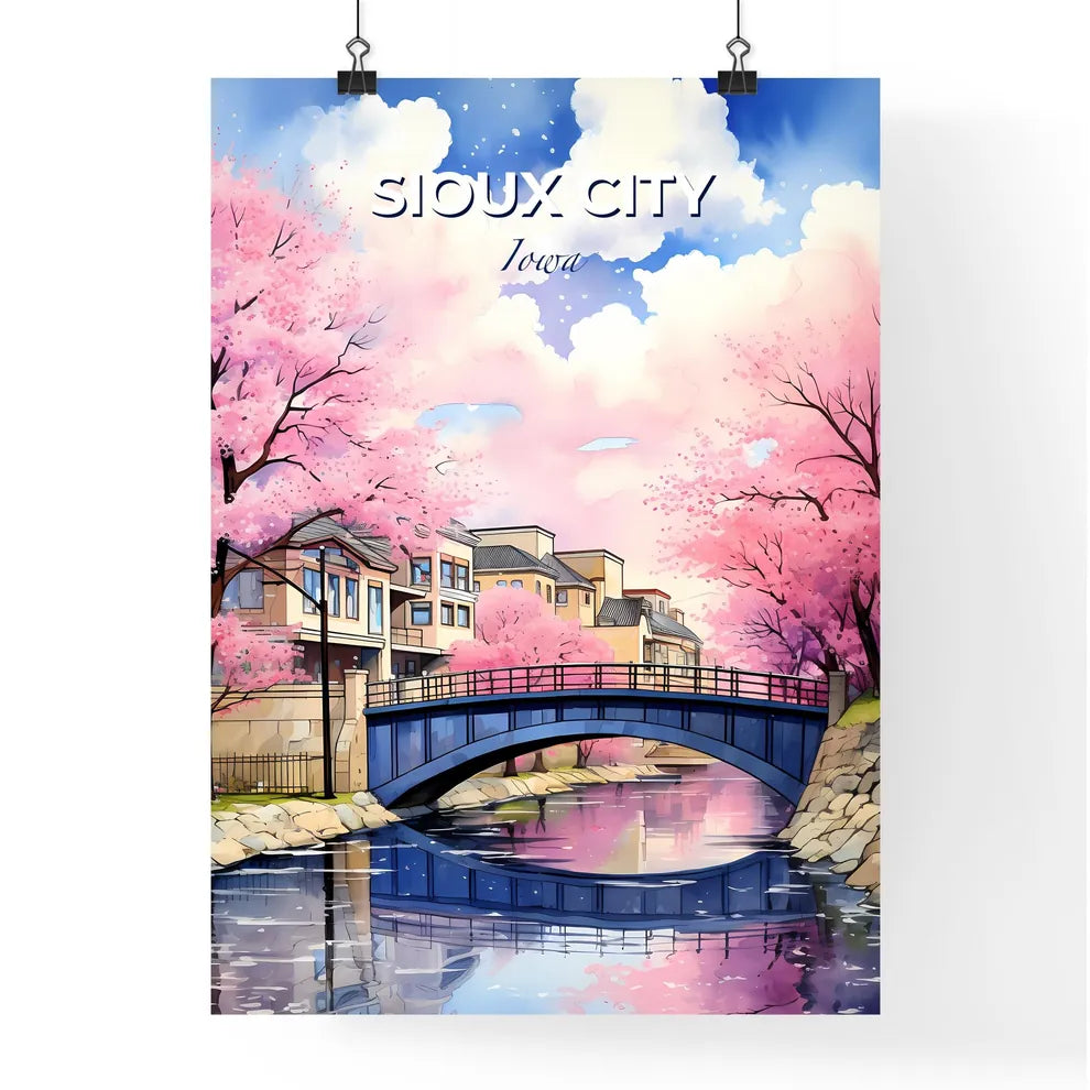 Sioux City, Iowa, A Poster of a bridge over a river with pink trees Default Title