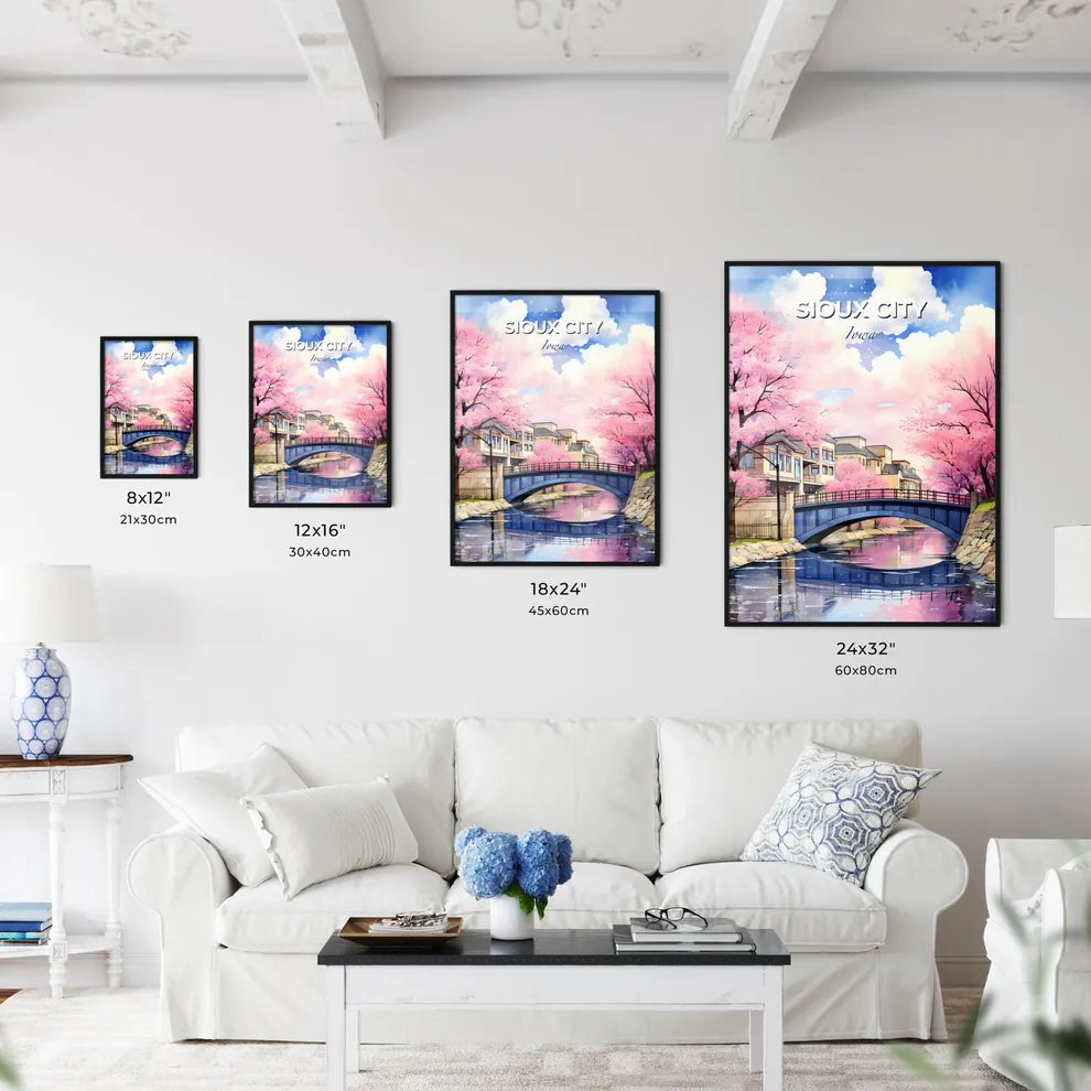 Sioux City, Iowa, A Poster of a bridge over a river with pink trees Default Title