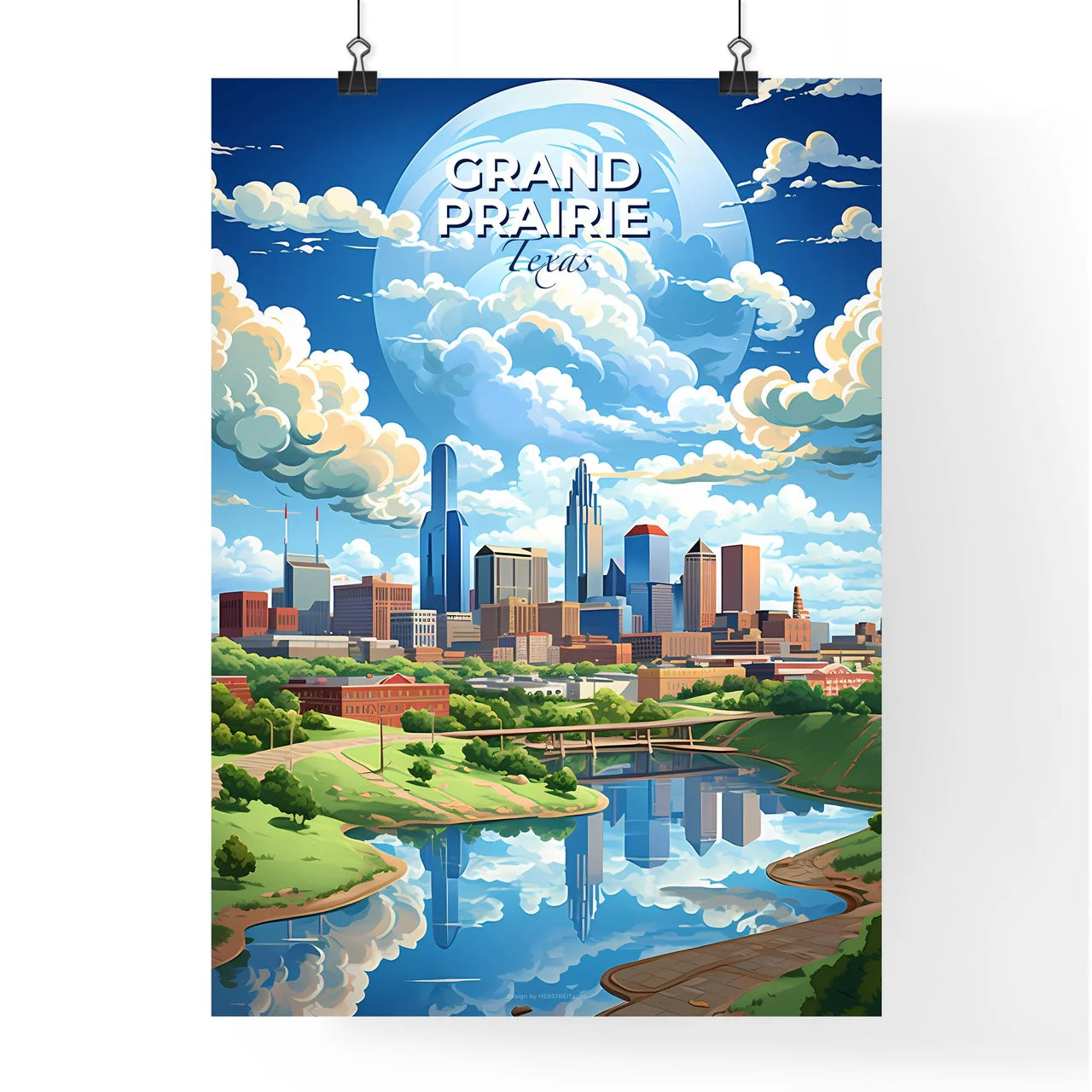 Grand Prairie, Texas, A Poster of a city landscape with a river and clouds Default Title