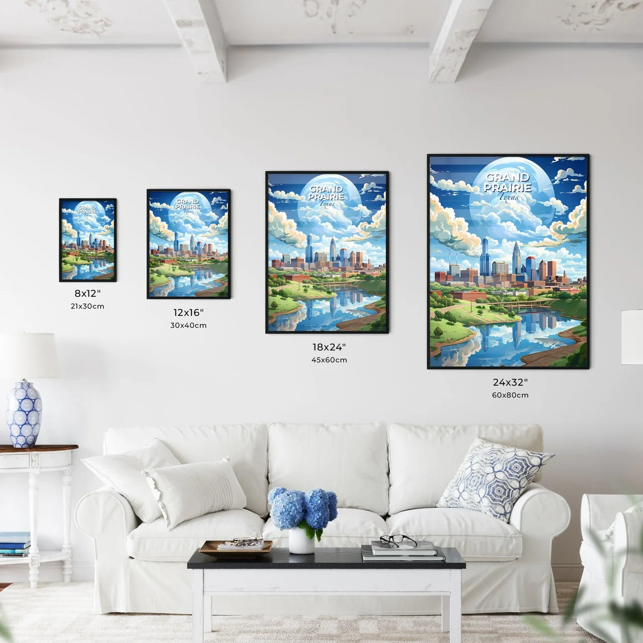 Grand Prairie, Texas, A Poster of a city landscape with a river and clouds Default Title