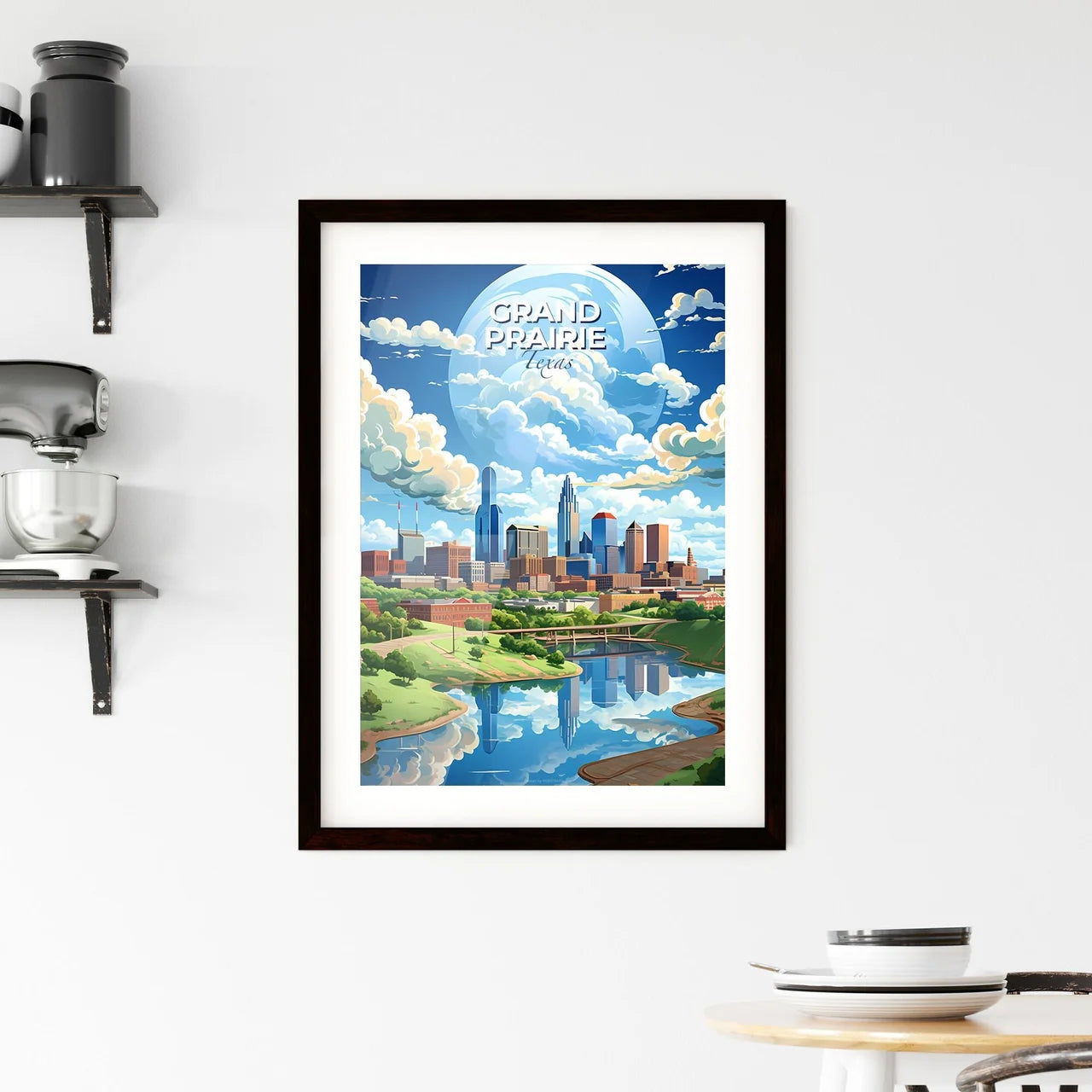 Grand Prairie, Texas, A Poster of a city landscape with a river and clouds Default Title