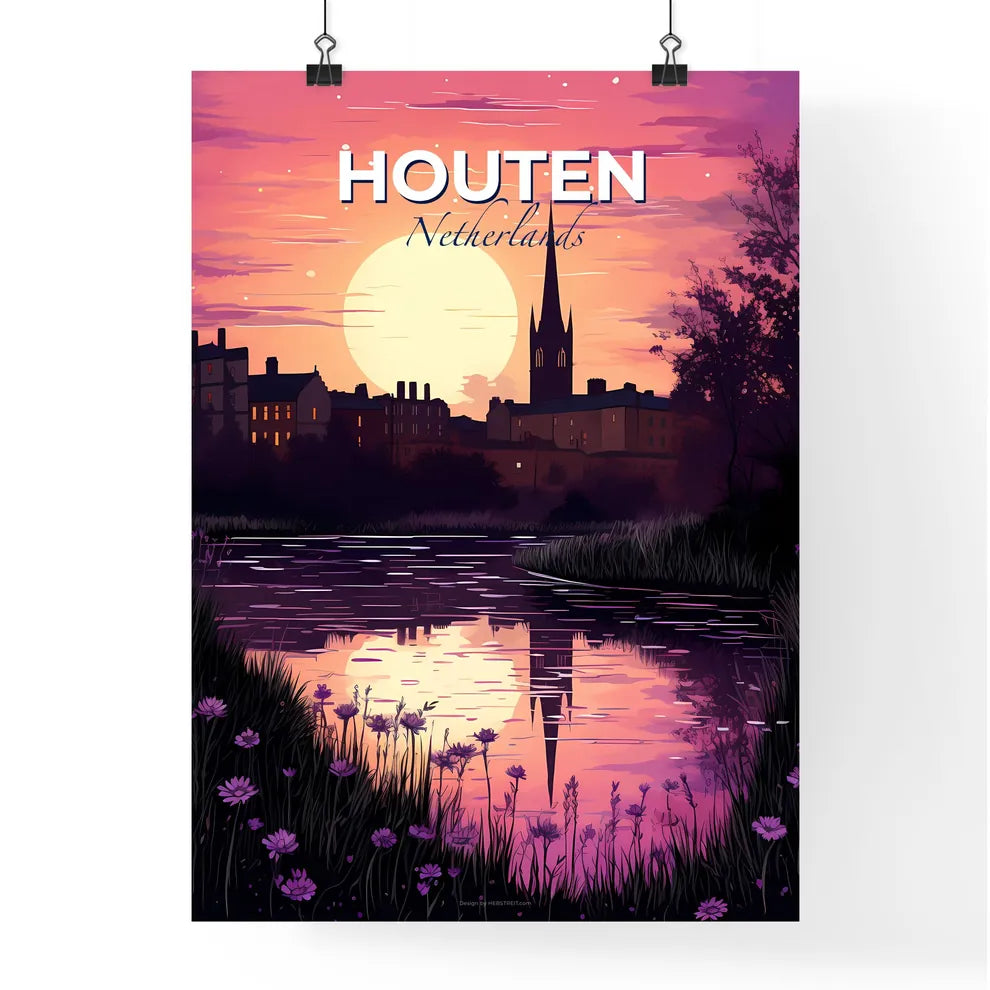 Houten, Netherlands, A Poster of a sunset over a river with a city in the background Default Title