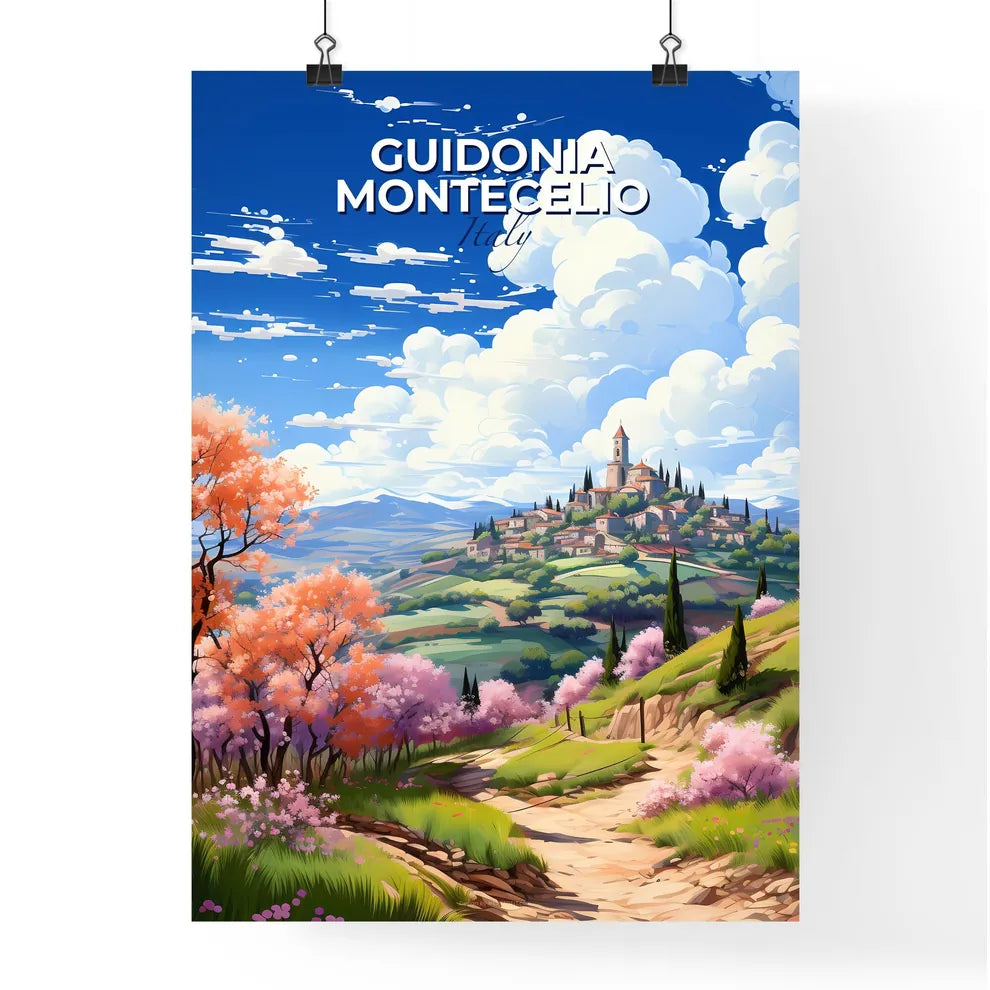 Guidonia Montecelio, Italy, A Poster of a landscape with trees and a building on a hill Default Title
