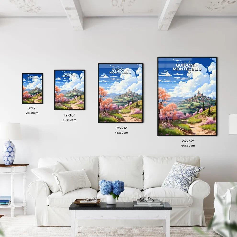 Guidonia Montecelio, Italy, A Poster of a landscape with trees and a building on a hill Default Title