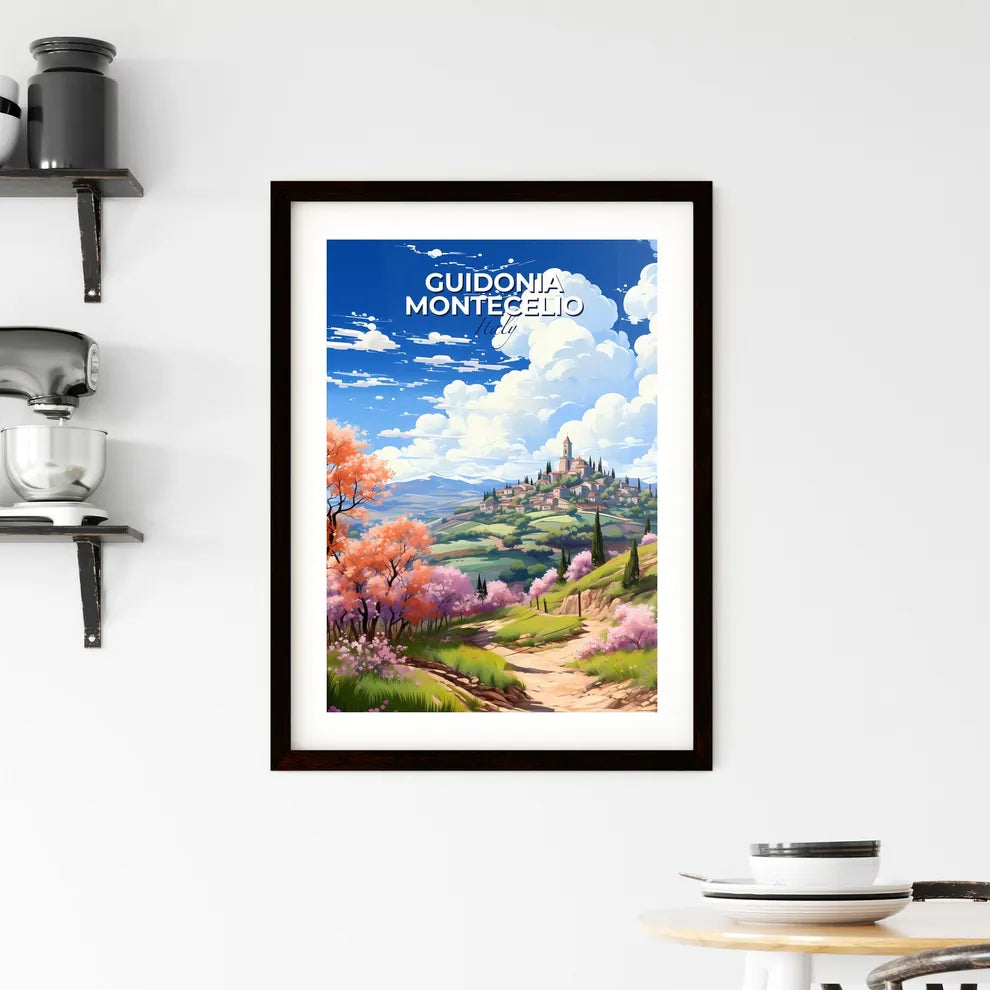 Guidonia Montecelio, Italy, A Poster of a landscape with trees and a building on a hill Default Title