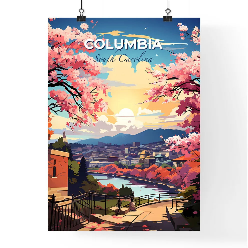 Columbia, South Carolina, A Poster of a painting of a city with pink trees and a river Default Title