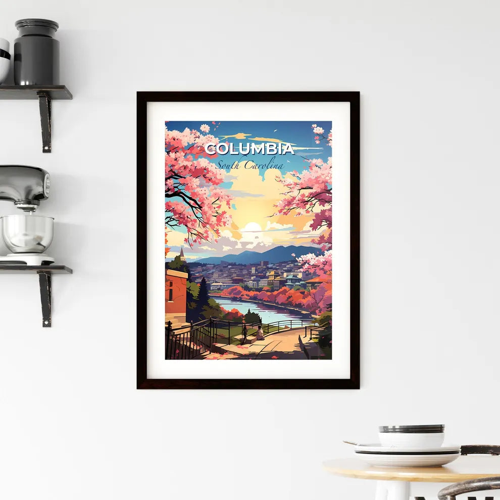 Columbia, South Carolina, A Poster of a painting of a city with pink trees and a river Default Title