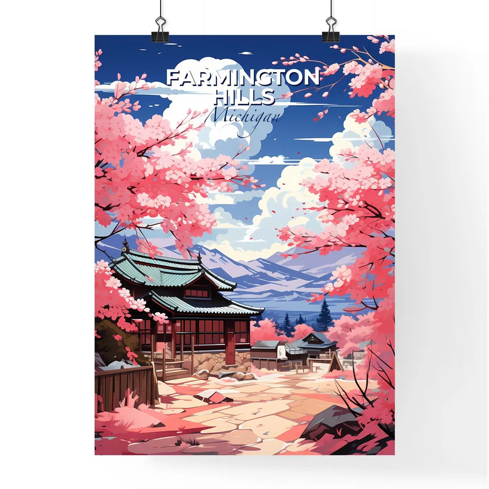 Farmington Hills, Michigan, A Poster of a painting of a japanese house with pink flowers Default Title