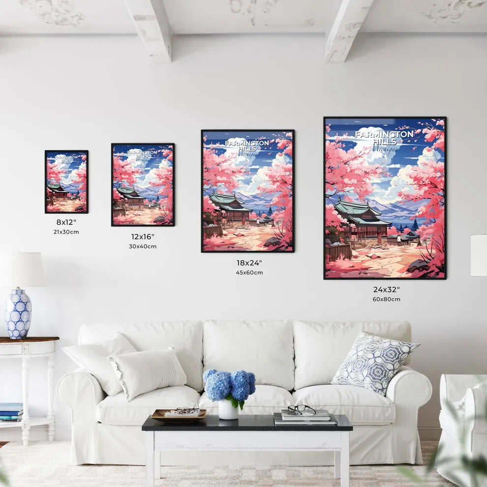 Farmington Hills, Michigan, A Poster of a painting of a japanese house with pink flowers Default Title