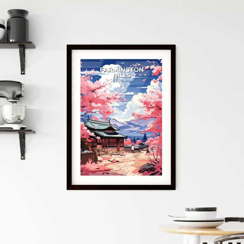 Farmington Hills, Michigan, A Poster of a painting of a japanese house with pink flowers Default Title
