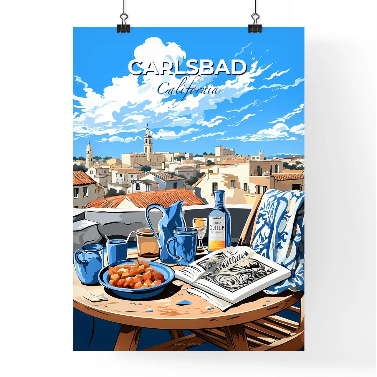 Carlsbad, California, A Poster of a table with food and a bottle on it Default Title