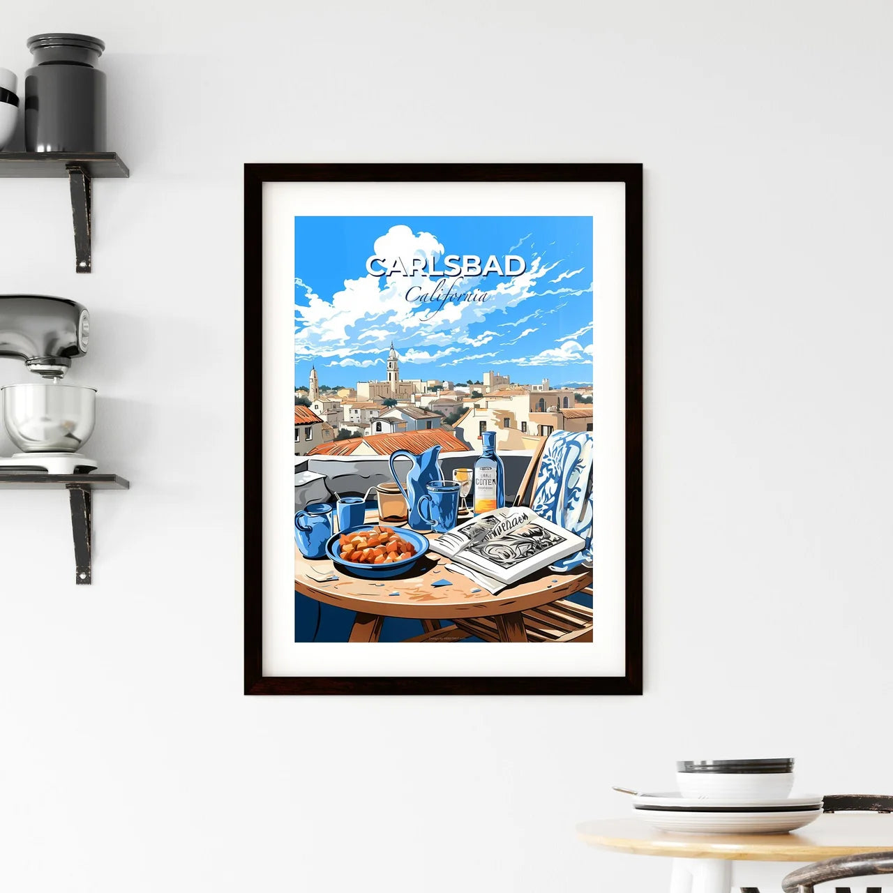 Carlsbad, California, A Poster of a table with food and a bottle on it Default Title